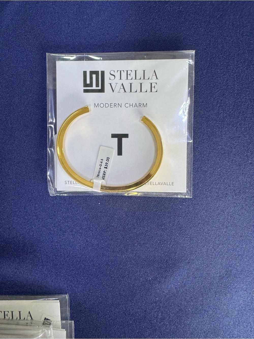 Stella Valle “T” Gold Modern Charm Open Cuff Bracelet